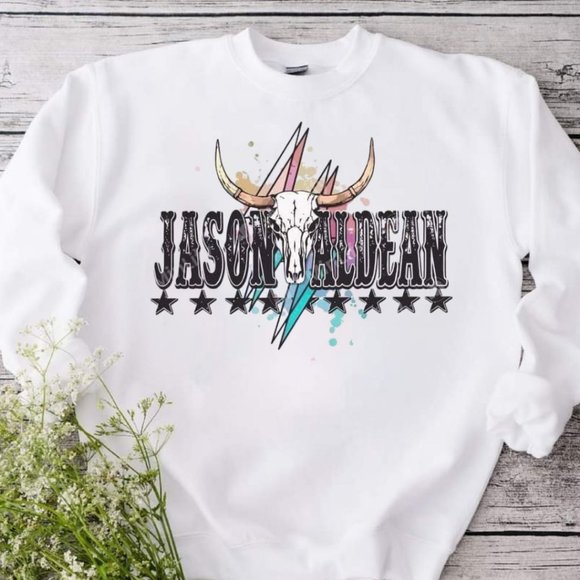 Jason Aldean Western Bull Skull White Crewneck Sweatshirt - Picture 1 of 2